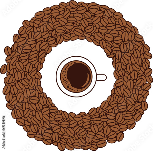 Coffee Beans Forming a Circle Around a Coffee Cup Top View