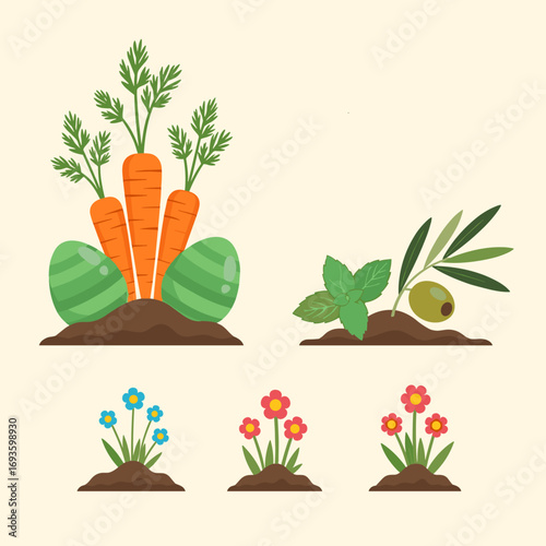 Illustrative representation of garden elements and easter symbols in a springtime theme
