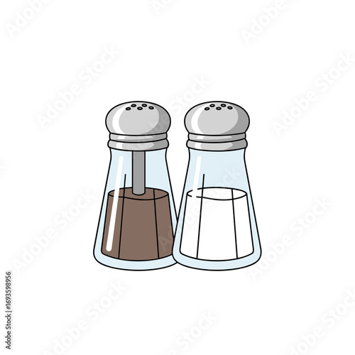 A pair of clear glass shakers with metal tops for salt and pepper