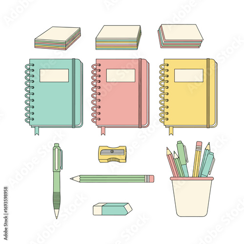 Collection of essential stationery items for everyday school and office use including notebooks pencils pens and sharpeners