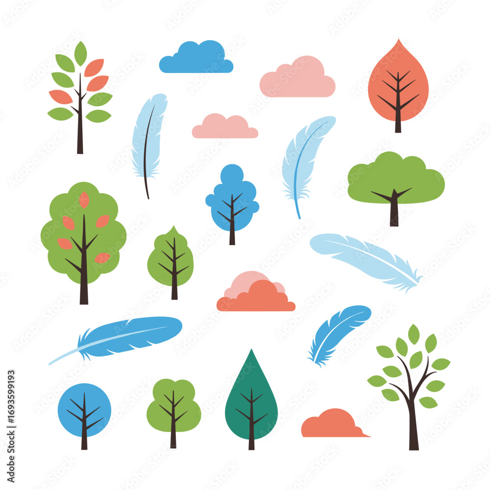 Obraz premium A collection of stylized nature elements featuring trees feathers and clouds in a playful illustration style