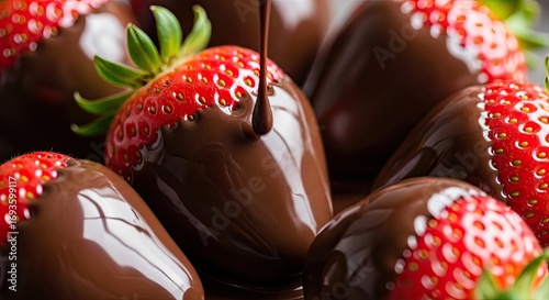Delicious Fresh Strawberries Dipped in Melted Chocolate, Close-up View