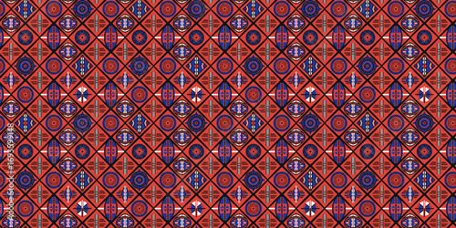 Seamless pattern based on Kenyan tribal art, featuring Maasai beadwork patterns, shield shapes, bold geometric lines, and vibrant colors such as red, cobalt blue, and black.
