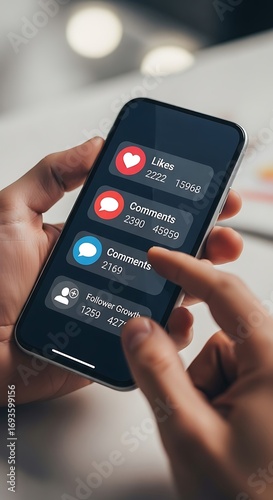 Wallpaper Mural A close-up view of a person interacting with a smartphone, displaying notification data for likes, comments, and follower growth. Torontodigital.ca