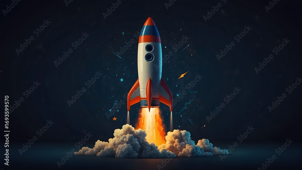 Naklejka premium Colorful rocket launching upward with bright flames and smoke trail against dark night sky background 