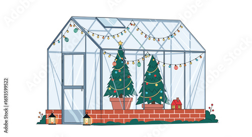 Christmas greenhouse with decorated trees, fairy lights, and festive holiday cheer, perfect for seasonal designs