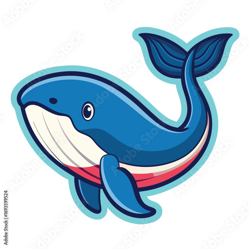 Cute cartoon blue whale illustration with outline