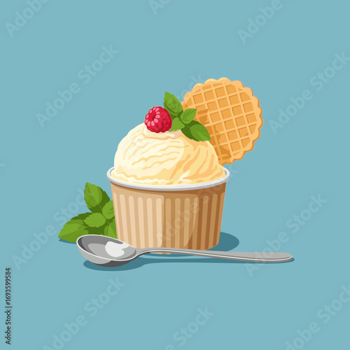 Delicious creamy vanilla ice cream treat with fresh mint and raspberry garnish