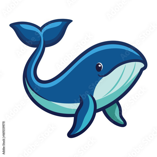 Cute cartoon blue whale illustration with flippers and tail