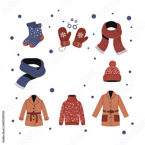 Cozy winter clothing collection featuring scarves hats mittens socks and jackets for cold weather comfort