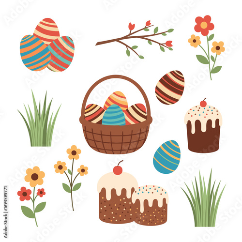 Collection of festive easter eggs cakes flowers and grass illustrations for spring celebrations