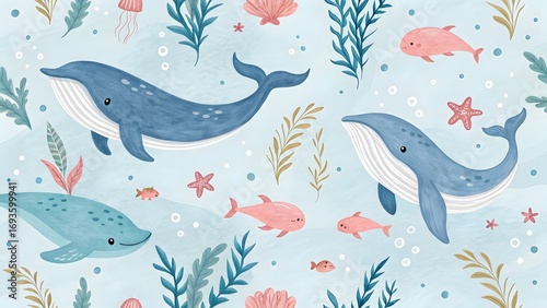 Colorful Marine Life Illustration with Whales, Dolphins, and Jellyfish