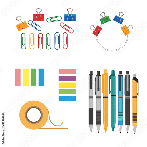 Collection of colorful office supplies including binder clips paper clips sticky notes and pens for school or business organization