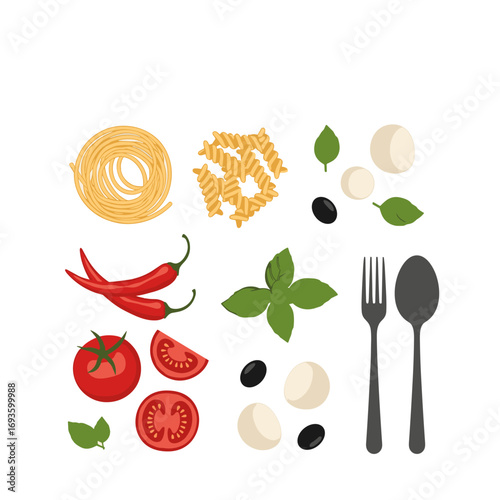 Fresh italian ingredients for delicious pasta dishes ready to be prepared