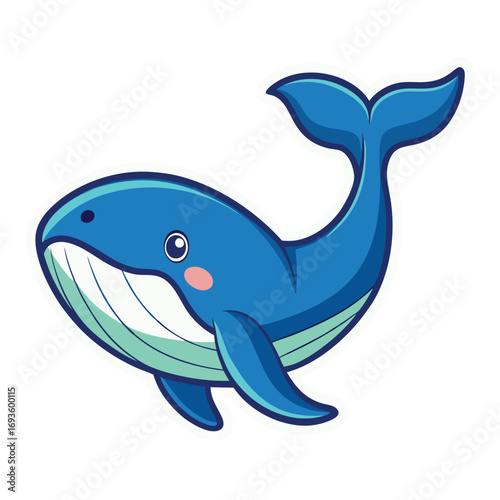Cute cartoon blue whale with big eyes and pink cheeks