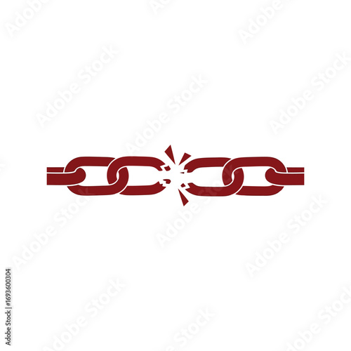 Broken red metal chain link symbolizing failure disconnection weakness or separation vector