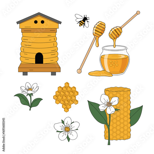 Sweetness from nature a beehive full of honey surrounded by delicate flowers and honeycomb patterns