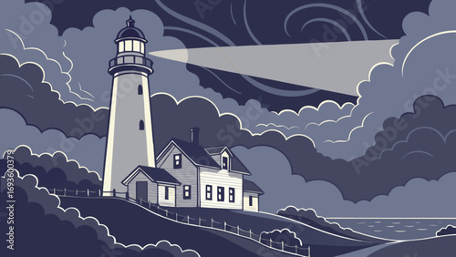 Coastal lighthouse beacon vector illustration with house and cloudy sky landscape background design art