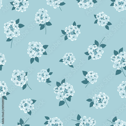 Delicate white hydrangea blooms scattered across a soft blue background floral pattern