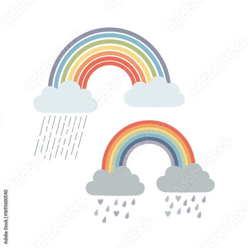 Two vivid rainbows arching over fluffy clouds signaling the end of a rain shower with falling drops
