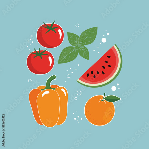 Fresh ripe produce including juicy tomatoes sweet watermelon crisp orange and vibrant bell pepper healthy ingredients for delicious cooking