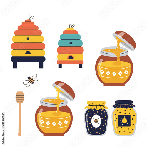 Charming collection of honey pots and beehives perfect for spring and summer designs