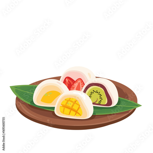 Delicious assorted fruit filled mochi sweet treats on a leafy platter