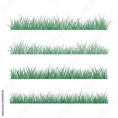 A set of four distinct natural green grass border illustrations for decorative purposes