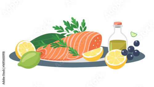 Delicious salmon fillet with lemon and olive oil healthy food recipe vector illustration design art