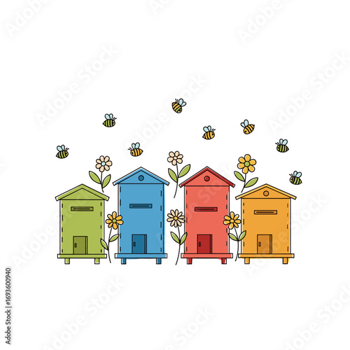 Charming collection of colorful beehives and buzzing bees in a vibrant summer garden scene