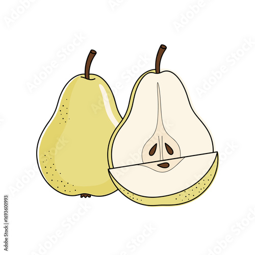 A ripe yellow pear and its juicy cross-section revealing the edible seeds and texture