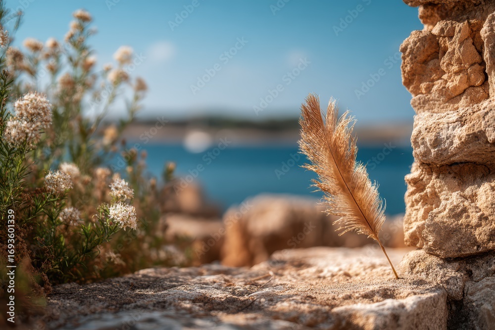 Fototapeta premium Tranquil Coastal Scene Featuring Golden Pampas Grass and Beautiful Flowers With a Soft Blue Ocean Background and a Cloudless Sky on a Peaceful Day