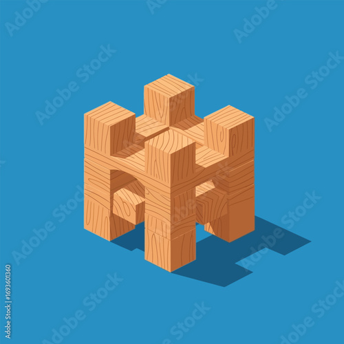 An isometric illustration of a wooden geometric structure with a shadow on a blue background.