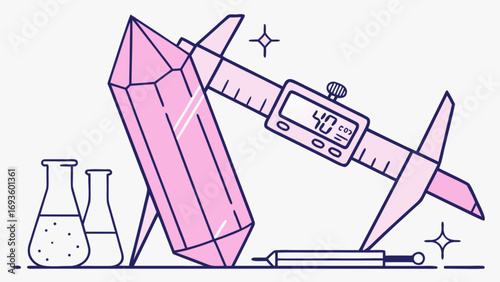Crystal measurement science lab equipment flask caliper tool research experiment gemstone study pink art