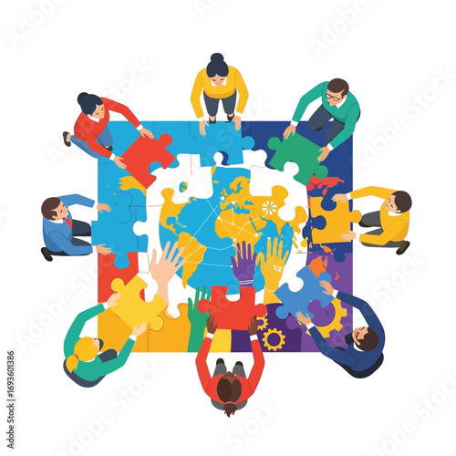 Diverse group collaborating, connecting jigsaw puzzle pieces of a world map, teamwork, global unity, cooperation.