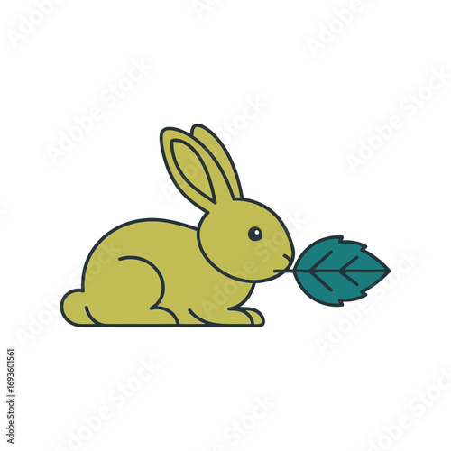 Cute yellow rabbit nibbling green leaf isolated simple cartoon art style vector