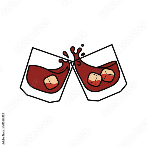 Cheers toasting glasses with splash of brown liquid and ice cubes celebration vector