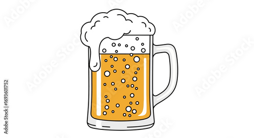 Refreshing Mug of Beer with Frothy Head Illustration for Bar Menus and Summer Celebrations, Suitable for Digital Design and Advertising Campaigns