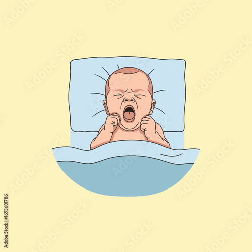 Illustration of a baby yawning in bed, covered with a blue blanket, on a yellow background.