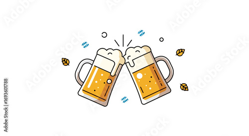 Two Mugs of Beer Clinking Together in a Celebratory Toast. Ideal for showcasing brewery promotions, restaurant advertisements, and festive event graphics