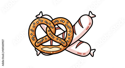 Traditional Bavarian Food Composition Featuring a Pretzel and Sausage for Culinary Illustrations, Menus, and Festive German-Themed Design Projects