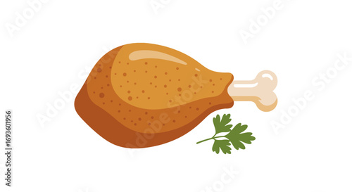 Fried Chicken Leg Illustration with Parsley Garnish on White Background, Ideal for Fast Food Menus, Recipe Illustrations, or Cooking-Related Design Projects.