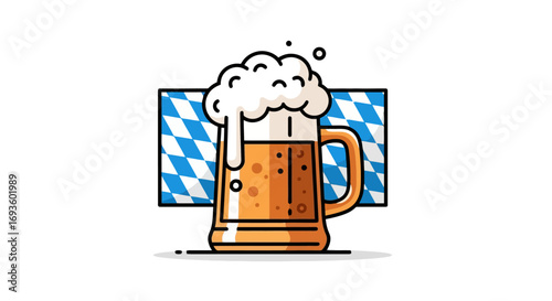 Illustrated Beer Mug with Bavarian Flag Backdrop, Perfect for Oktoberfest Promotions and Craft Brewery Marketing Materials