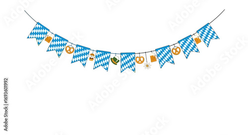 Oktoberfest Celebration Decorative Banner with Bavarian Flags and Traditional Food Icons for Festive Events and Cultural Promotions