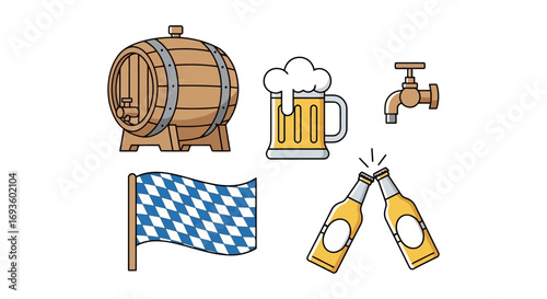 Oktoberfest Celebration Elements featuring Traditional Beer Barrel, Mug, Tap, Bavarian Flag, and Clinking Bottles for Festive Event Marketing and Design