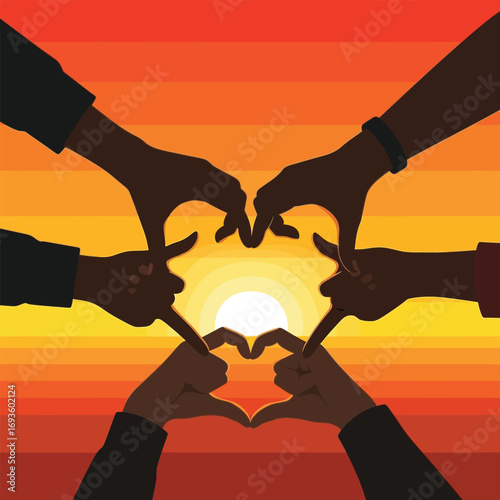 Silhouetted hands forming hearts around a setting sun, symbolizing unity and friendship.