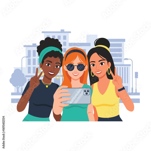 Three diverse young women take a selfie with a smartphone, making peace signs against a cityscape backdrop.