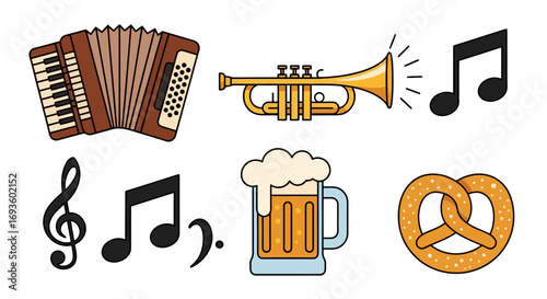 Festive Oktoberfest Celebration Elements featuring Accordion, Trumpet, Beer, and Pretzel, perfect for event promotion, invitation design, and cultural celebration graphics.