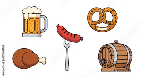 Oktoberfest Feast Illustration Set Featuring Beer, Pretzel, Sausage, Chicken Leg, and Barrel, Perfect for Festive Event Promotion and German Culture Celebration