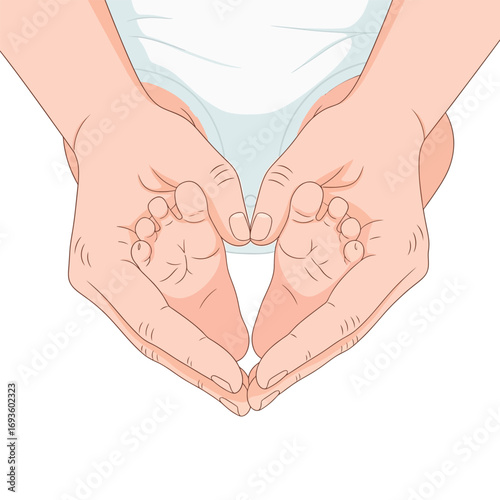 A parent's hands gently cradle a baby's tiny feet, forming a heart shape.